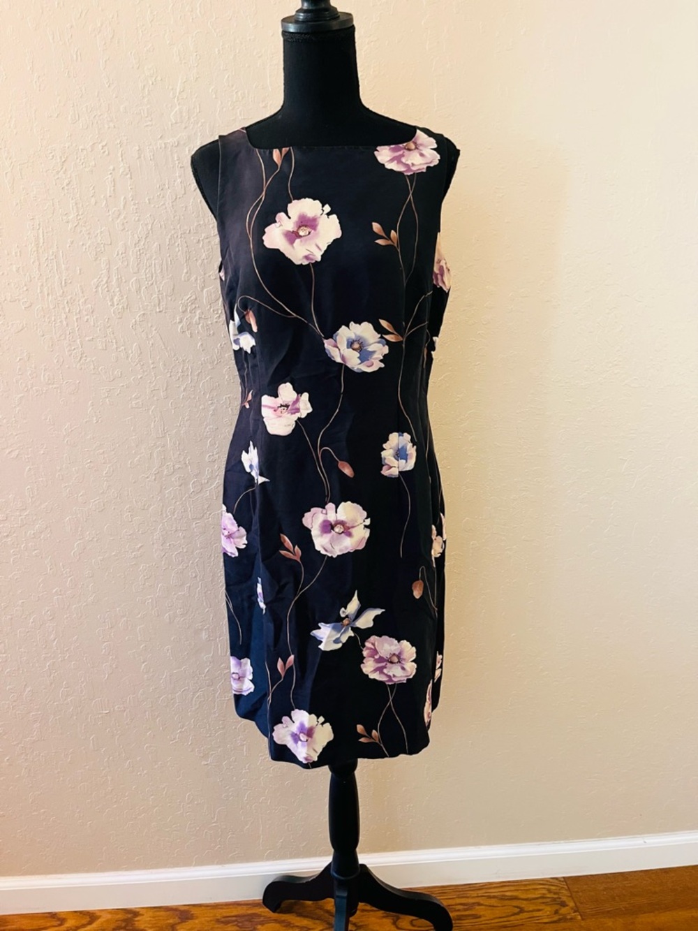 Ann TaylorSilk  Navy Midi Dress with Lavender Floral Print